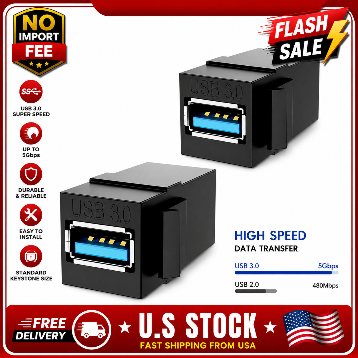 USB 3.0 Keystone Jack Insert Female to Female Coupler Wall Plate Panel 2 Pack
