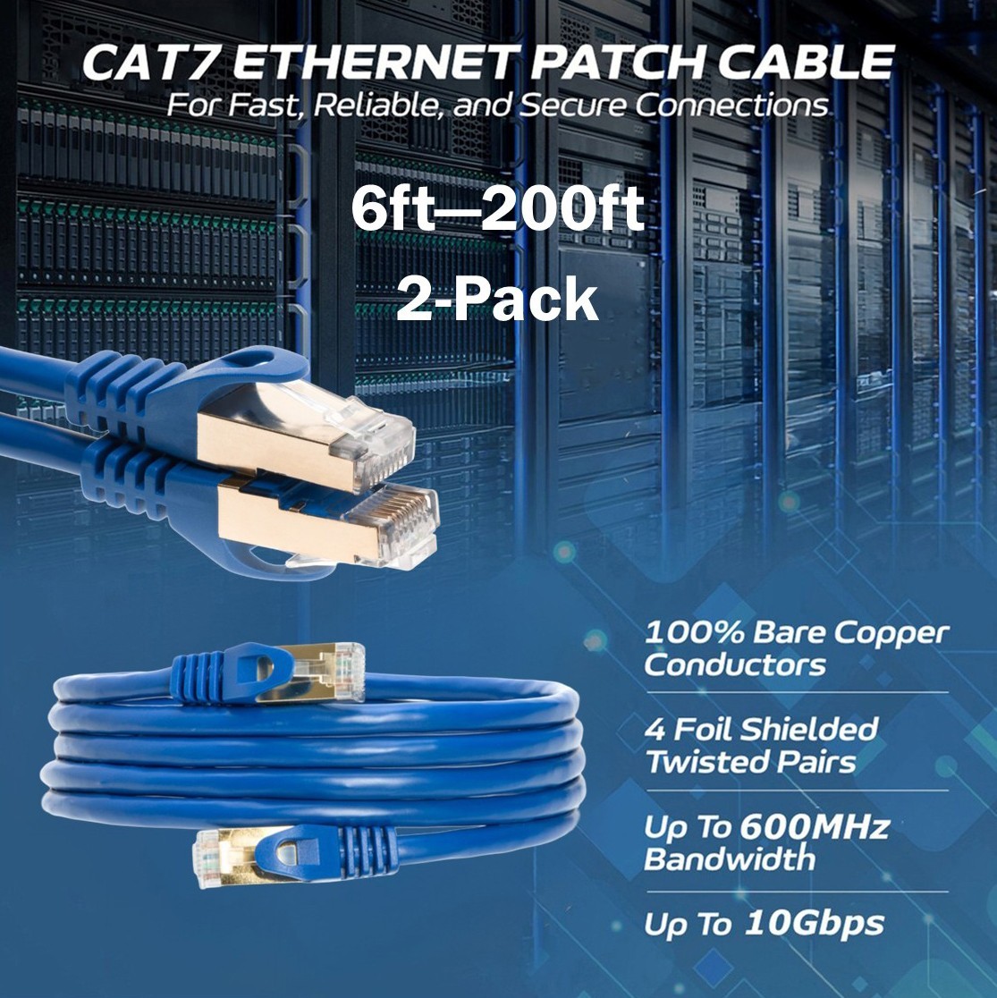 2-Pack CAT7 S/FTP Ethernet Patch Cord 600MHz Network Cable 6FT-200FT Blue Lot