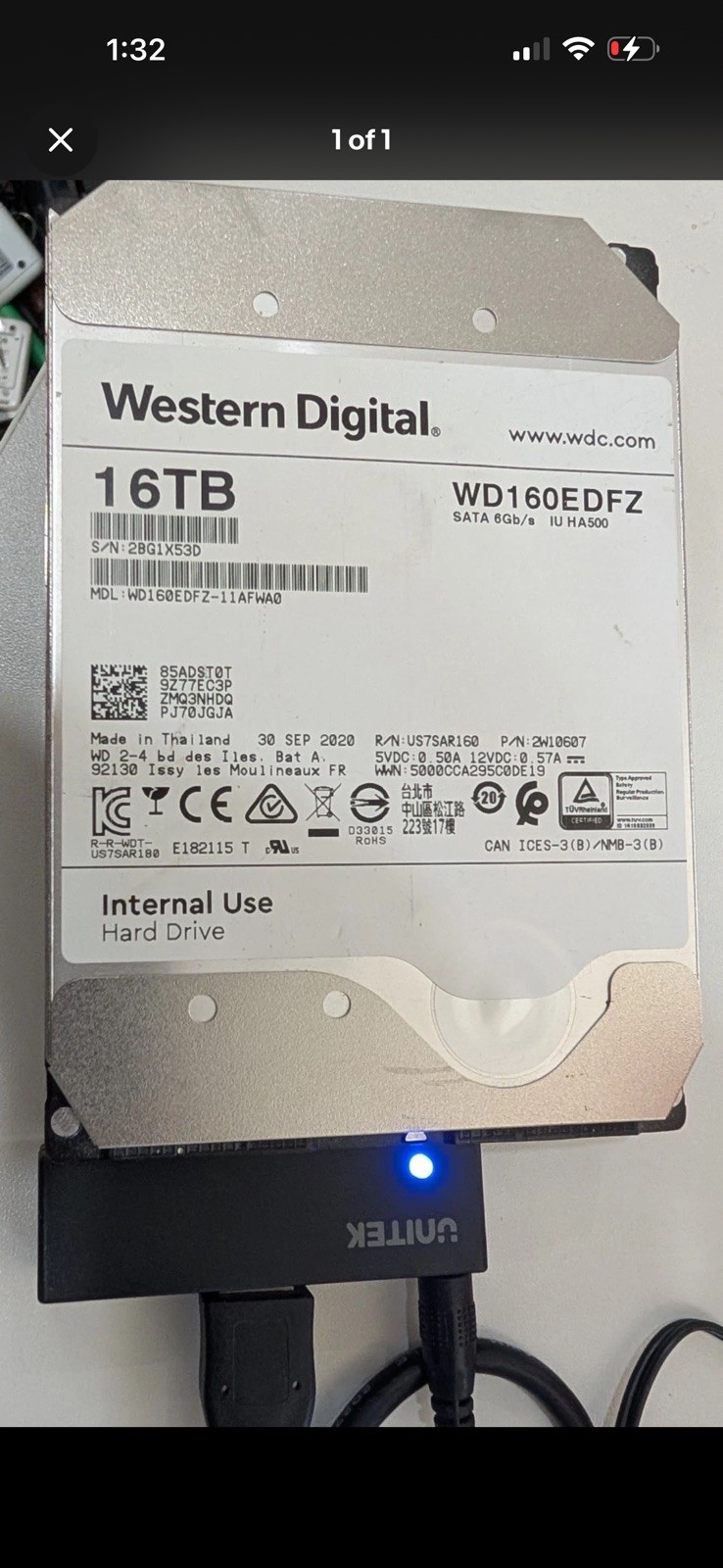 WD 16TB Ultrastar SATA HDD WD160EDFZ 5400RPM 3.5″ — SMART PASSED