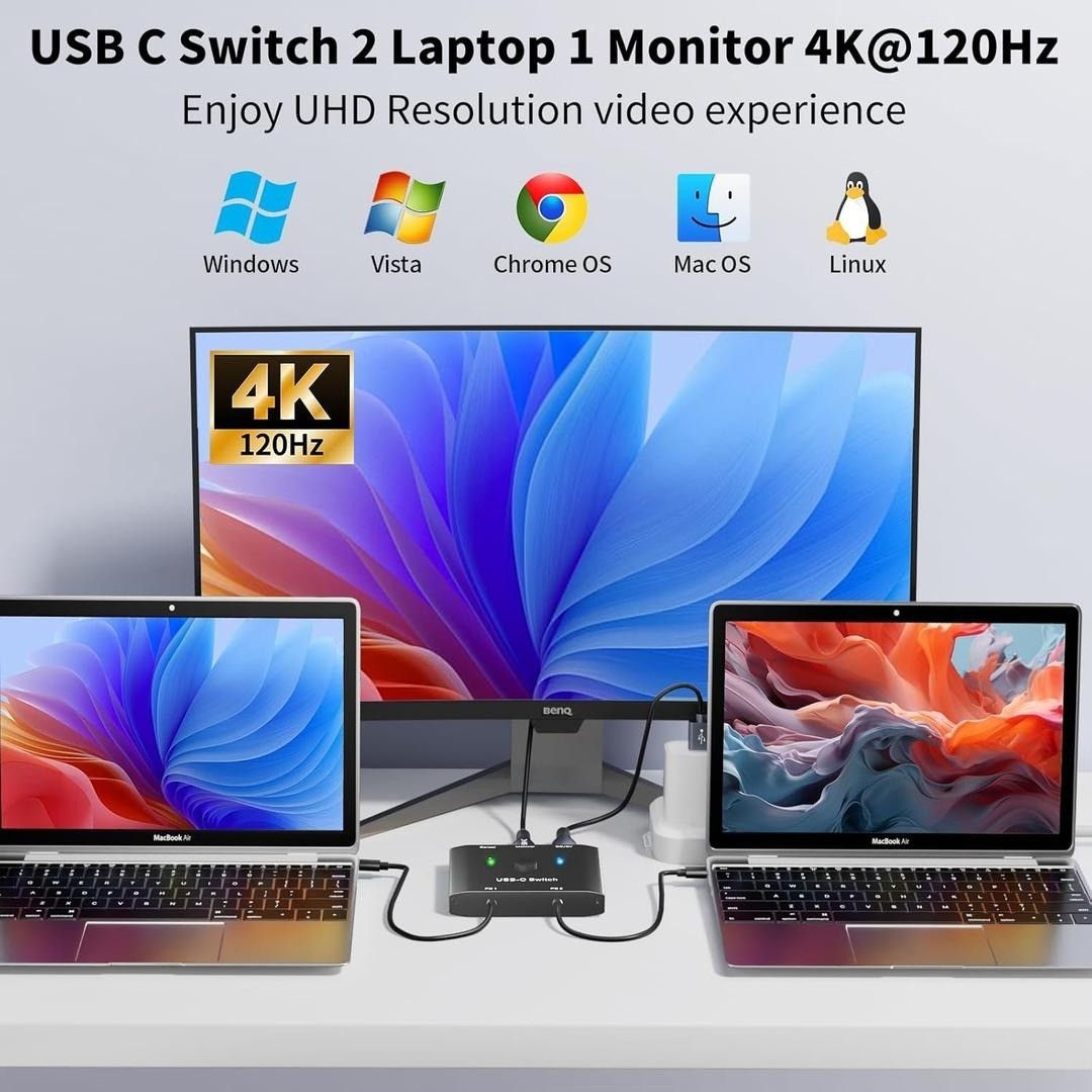 KCEVE USB C Switch 2 in 1 Out, USB Type C KVM Switch 2 Computers 1 Monitor, 8K