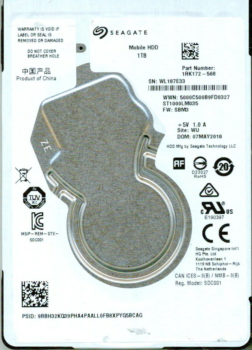 ST1000LM035, 1RK172-568, SBM3, WU, WL18, SEAGATE 1TB MAY 2018