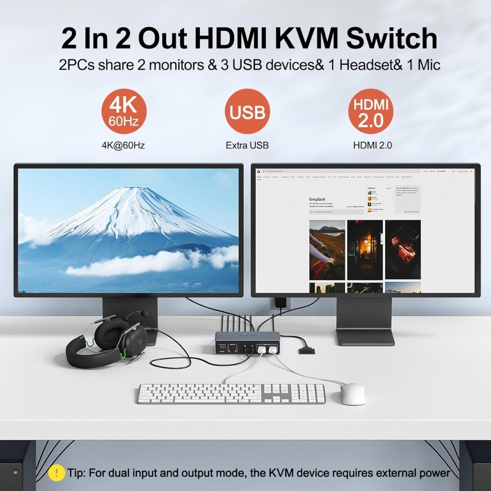 HDMI DP USB 3.0 KVM Switch with Audio and Microphone Ports-2 Monitors to 2 Compu