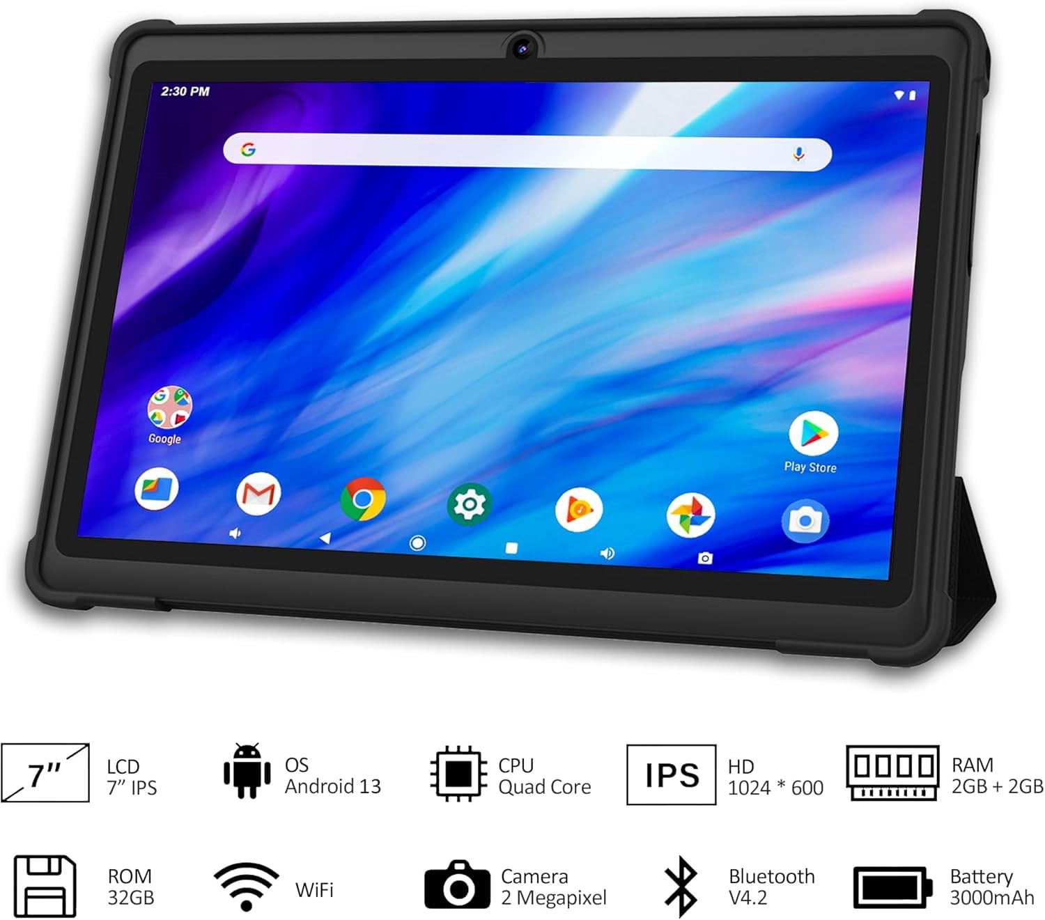 7 Inch Tablet, Quad Core Android 13 OS, 32GB ROM, WiFi, Bluetooth, Dual Camer…