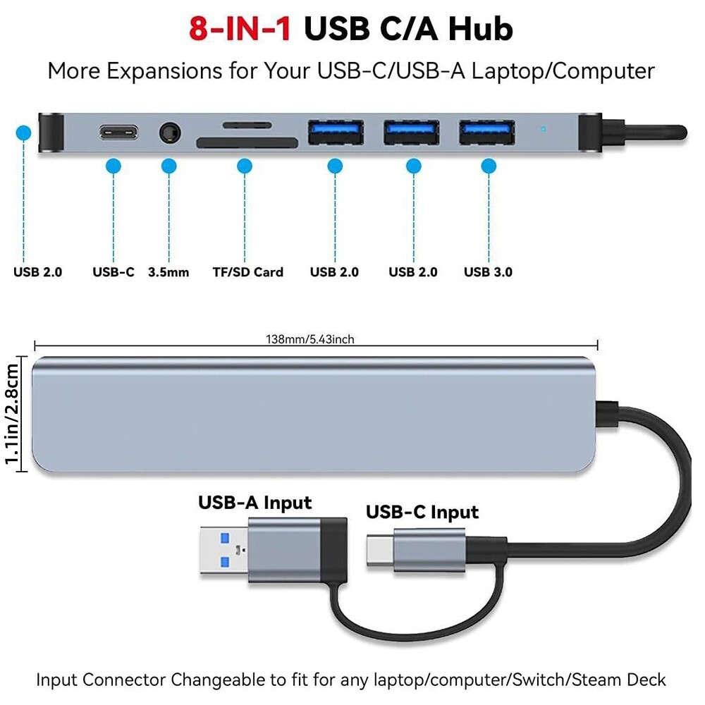 8 in 1 USB C/USB Hub Universal Laptop Docking Station USB Dongle USB3.0 USB2.0