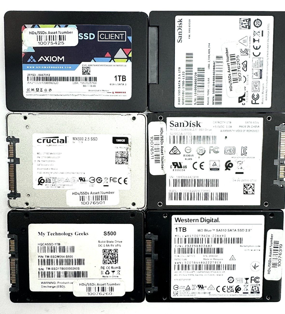Lot of 6 Mixed Brand 1TB 2.5″ 6Gb/s SATA III SSD Internal Solid State Drives