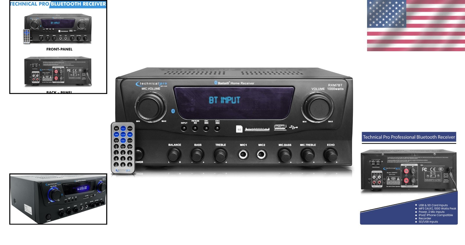 Bluetooth Amplifier Receiver FM USB/SD 1000W