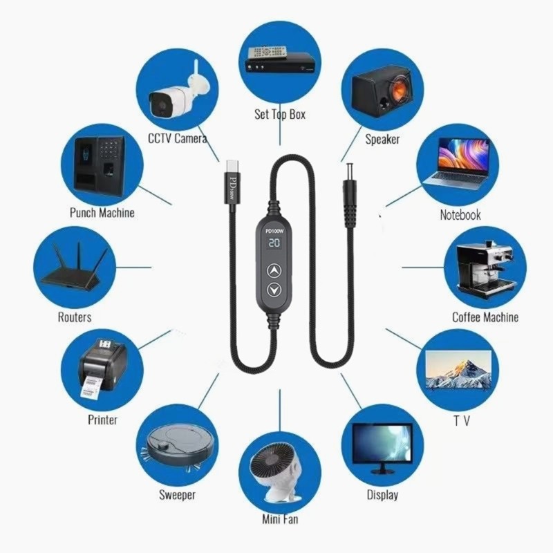 100W Power Cable Type C to DC5.5 5V 12V 15V 19V 20V Power Selection 38 Adapters