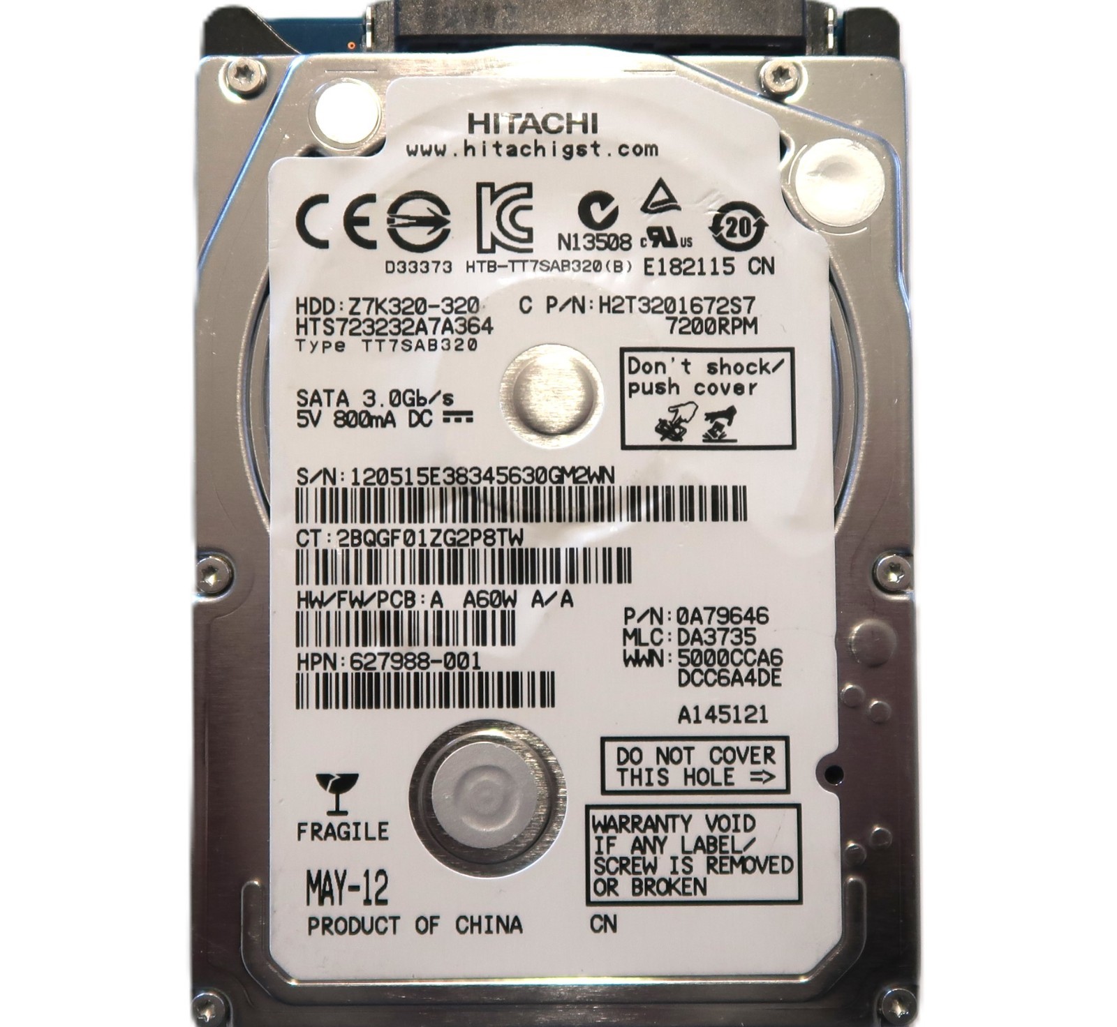 Hitachi HTS723232A7A364 0A79646 DA3735 (120) China 320gb 2.5″ Sata HDD MAY-12