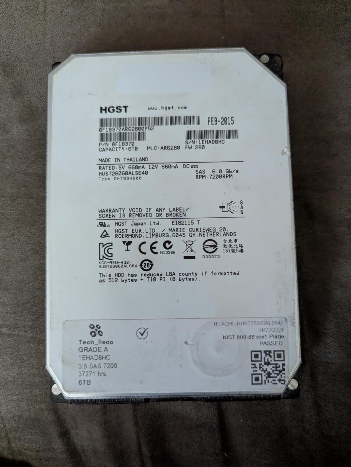 HGST Hitachi HPE 6TB 7200RPM SAS 6Gbps HDD 0F18370