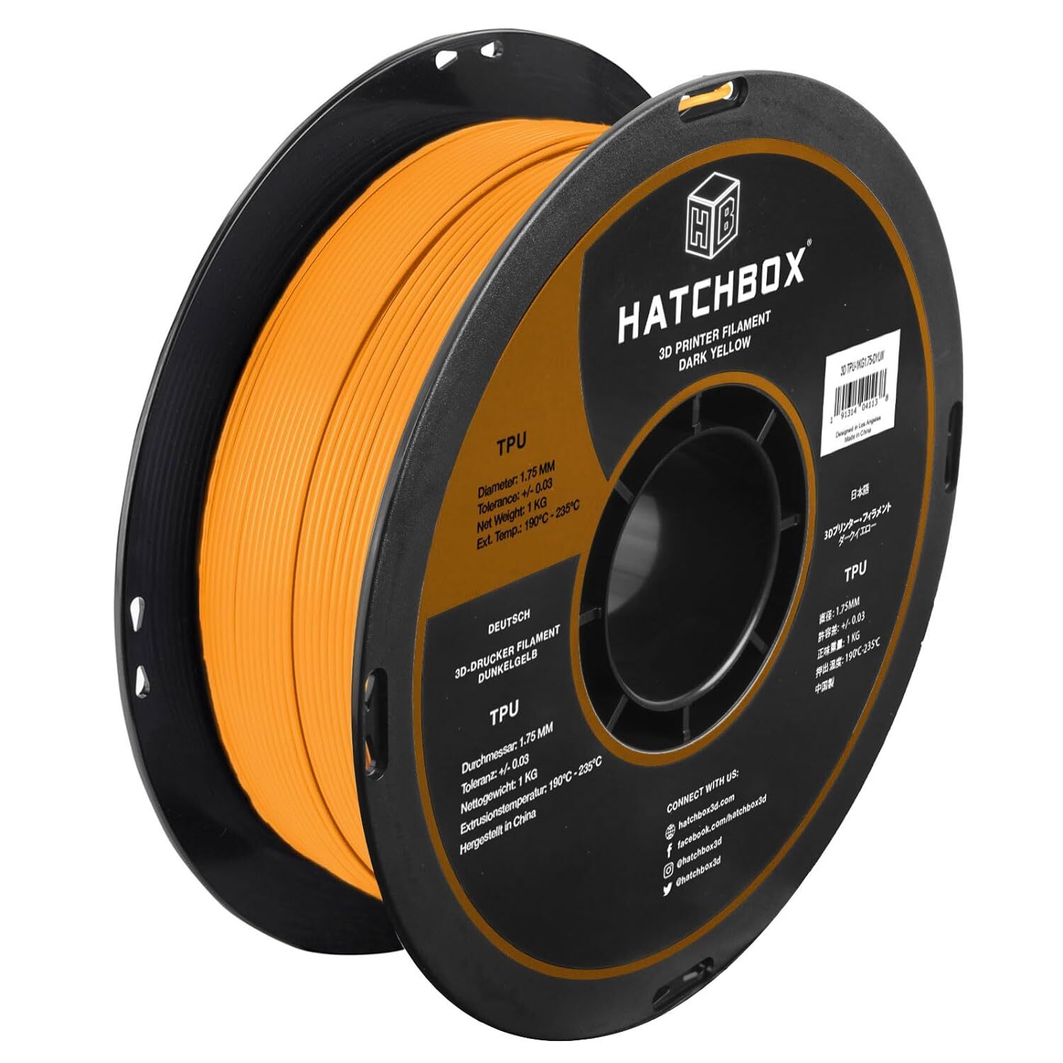 HATCHBOX TPU 1.75 mm 3D Printer Filament in Dark Yellow, 1kg Spool
