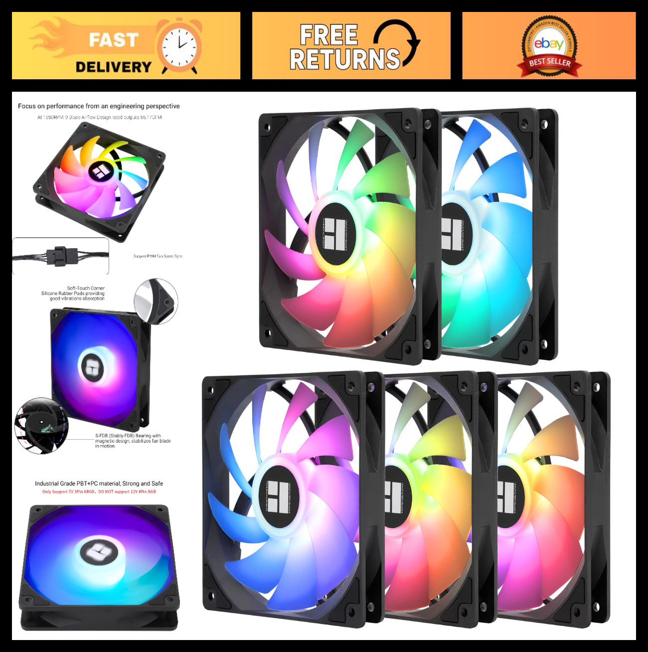 5 Pack 120mm ARGB CPU Case Cooler Fans, 4pin PWM Silent, S-FDB Bearing, 1550RPM