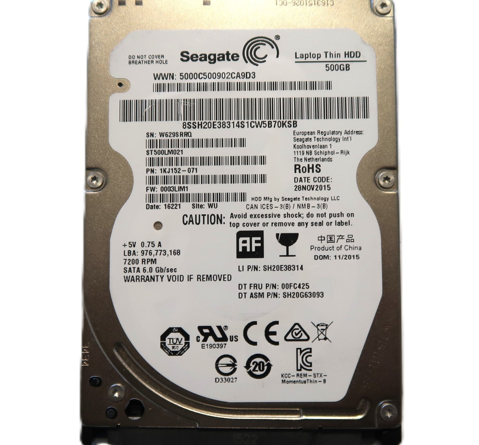 ST500LM021 PN: 1KJ152-071 FW: 0003LIM1 (W629) WU China 500gb 2.5″ Sata 11/2015