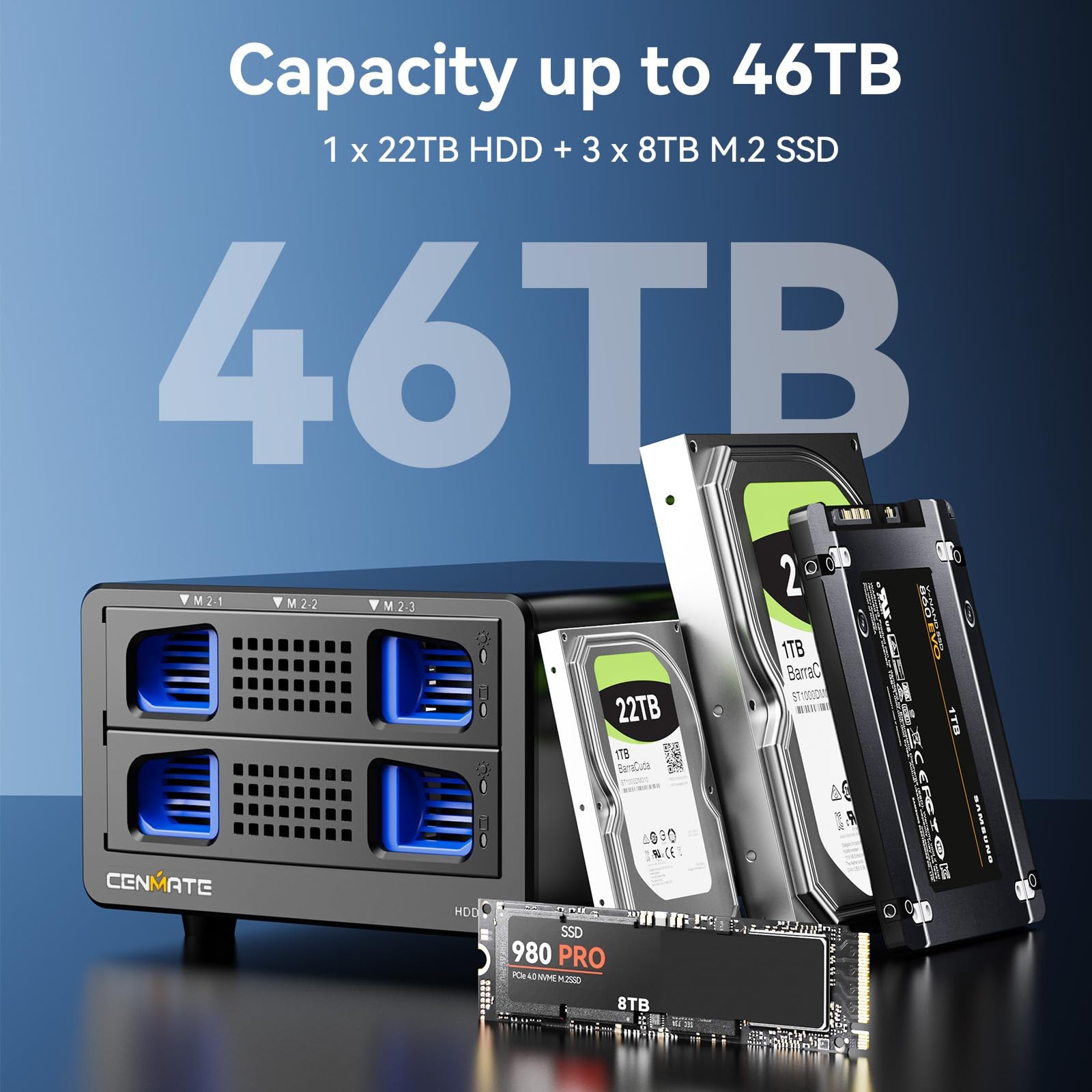CENMATE Hybrid 2.5/3.5″ SATA HDD/SSD+3* M / B+M Key M.2 NVMe 4 bay, Black