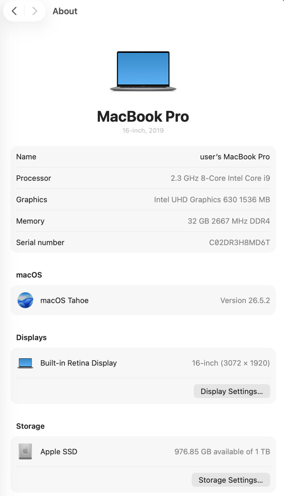 APPLE MacBook Pro 16″ A2141 2019 2.3GHz i9-9880H 32GB/1TB SSD AMD 5500M T12-C8