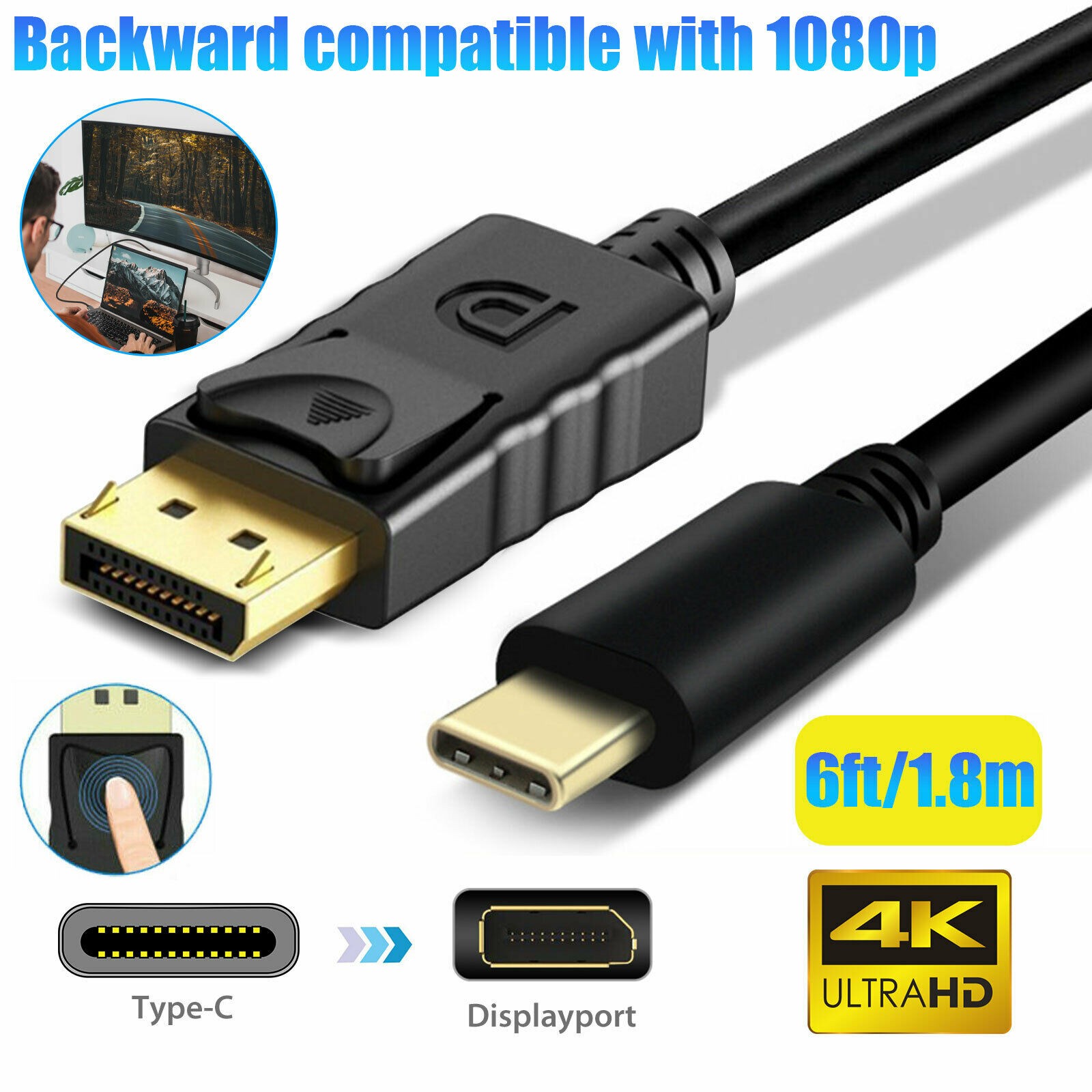 1.8m/6ft 4K 60Hz USB C Type to DisplayPort Adapter PC/TV DP Connecter Cable P&P