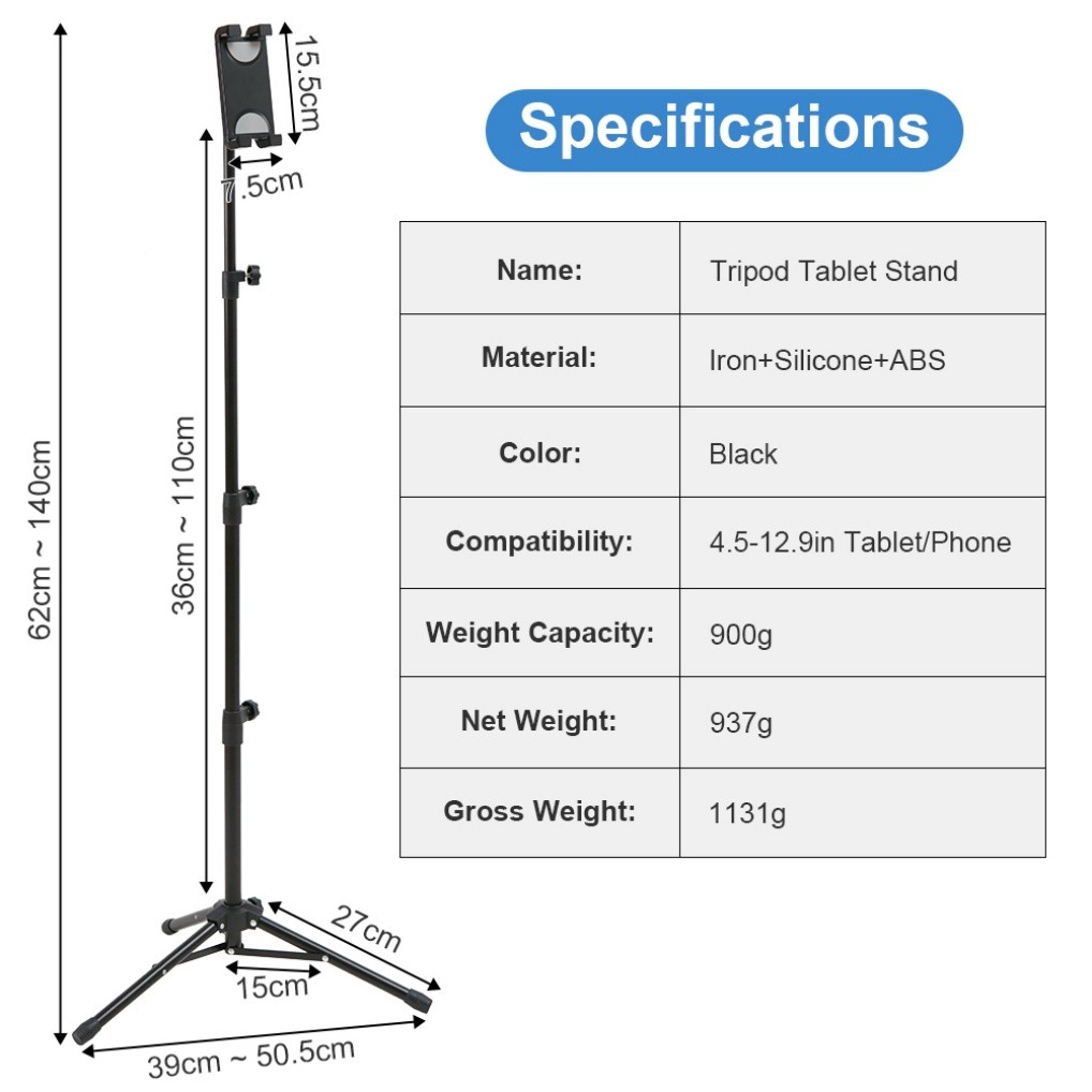 Strong Floor Bed Stand Tripod Mount Holder for Phone IPAD Pro 4.5”-12.9” Tablet