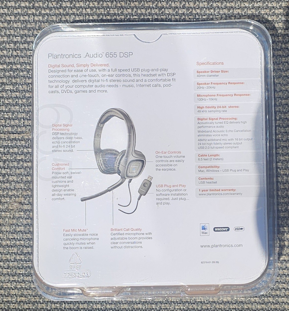 Plantronics Audio 655 USB Stereo Headset DSP Black Headband Clear HD Sound New