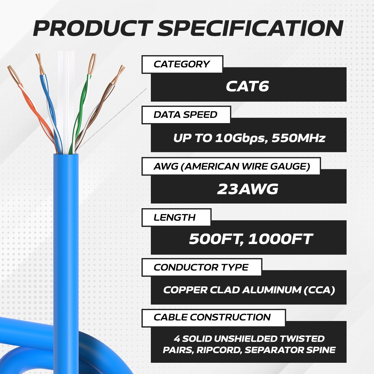 CAT6 1000FT Solid Ethernet Cable UTP 23AWG 10Gbps CCA Network Bulk Wire RJ45 LOT