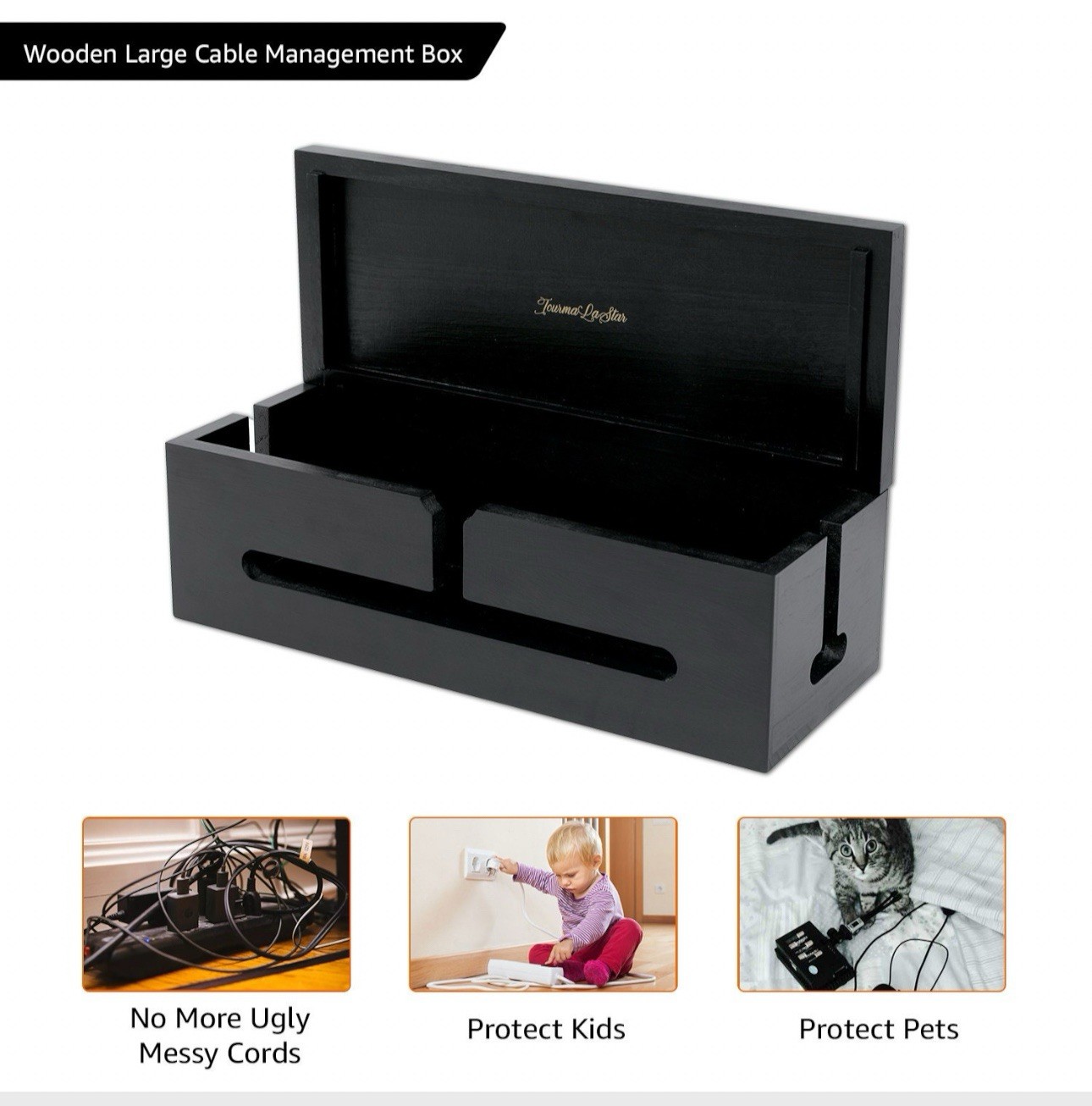 Dark Brown Wood Cable Minimalist Organizer Management Box, Wood Cord Desk Cable
