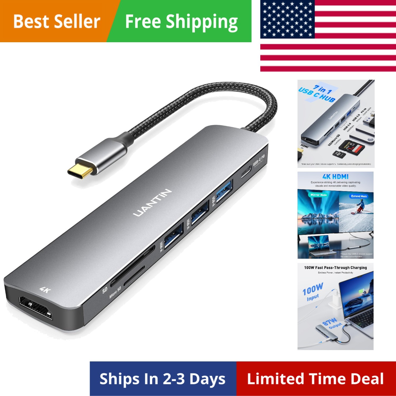 USB C Hub 7 in 1 Multiport Adapter with 4K HDMI Dongle, 100W PD, SD/TF Card R…