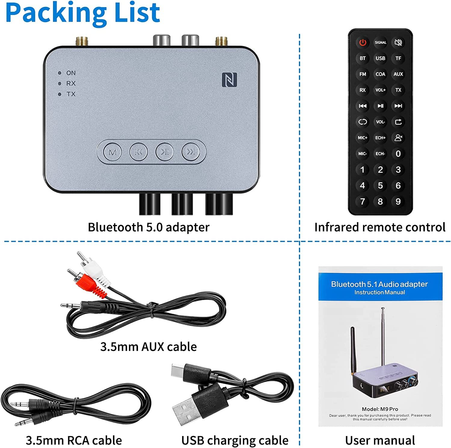 2xBluetooth 5.1 Transmitter Receiver Wireless NFC to RCA Stereo Audio Adapter US