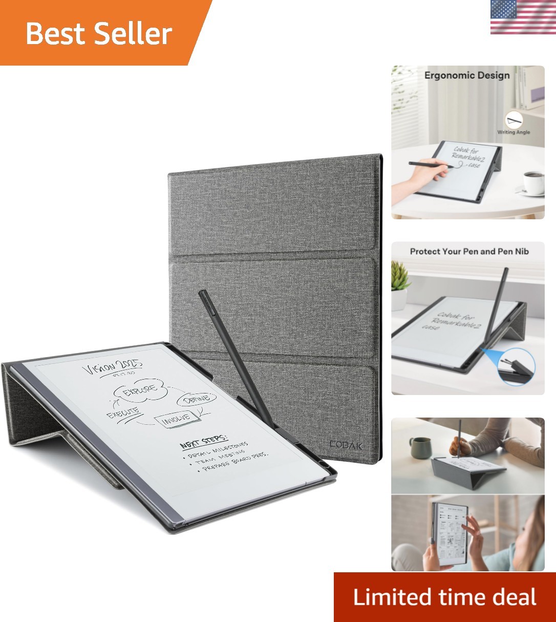 Durable Foldable Case for Remarkable 2 – Pen Holder & Replacement Nibs Included