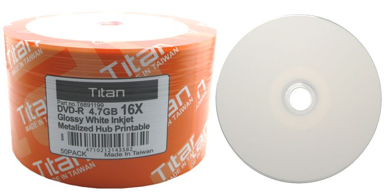 50 TITAN 16X Glossy White Inkjet HUB Printable DVD-R DVDR Disc 4.7GB