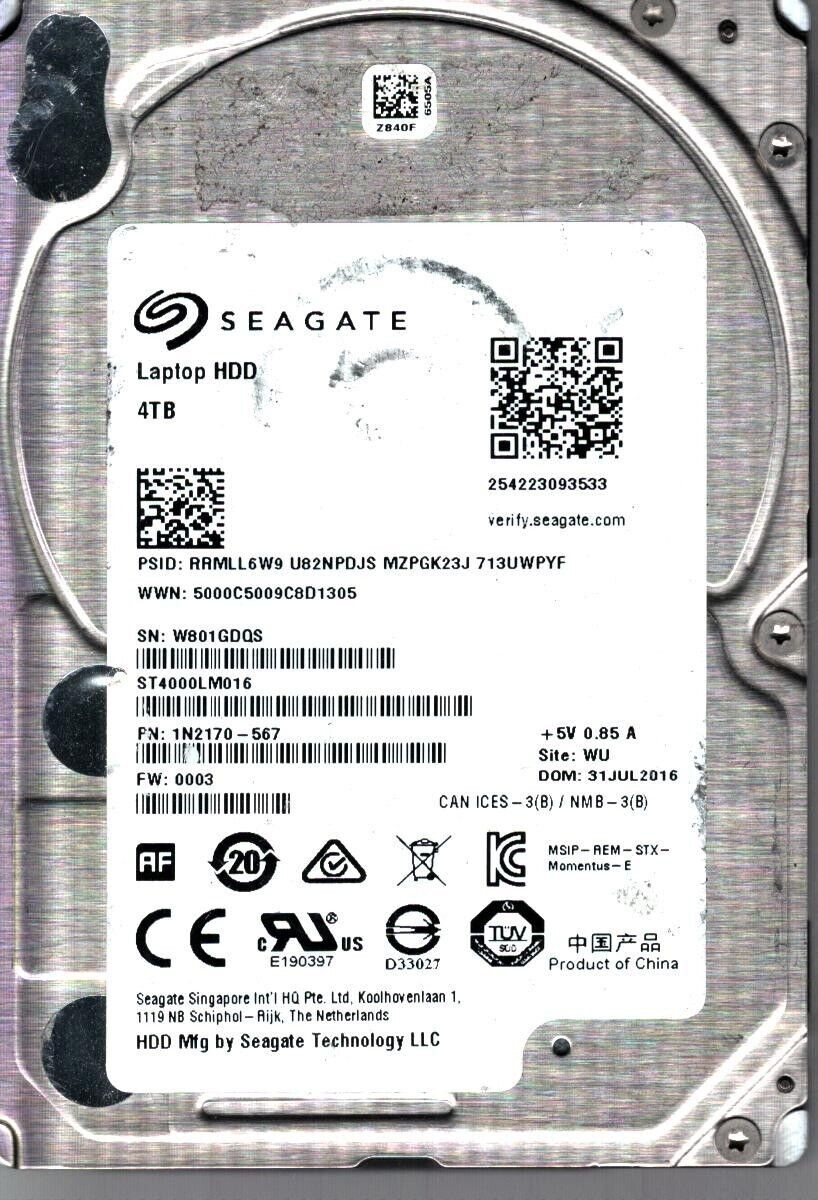 ST4000LM016 P/N: 1N2170-567 F/W: 0003 S/N: W801 WU 4TB JUL 2016 CHINA SEAGATE