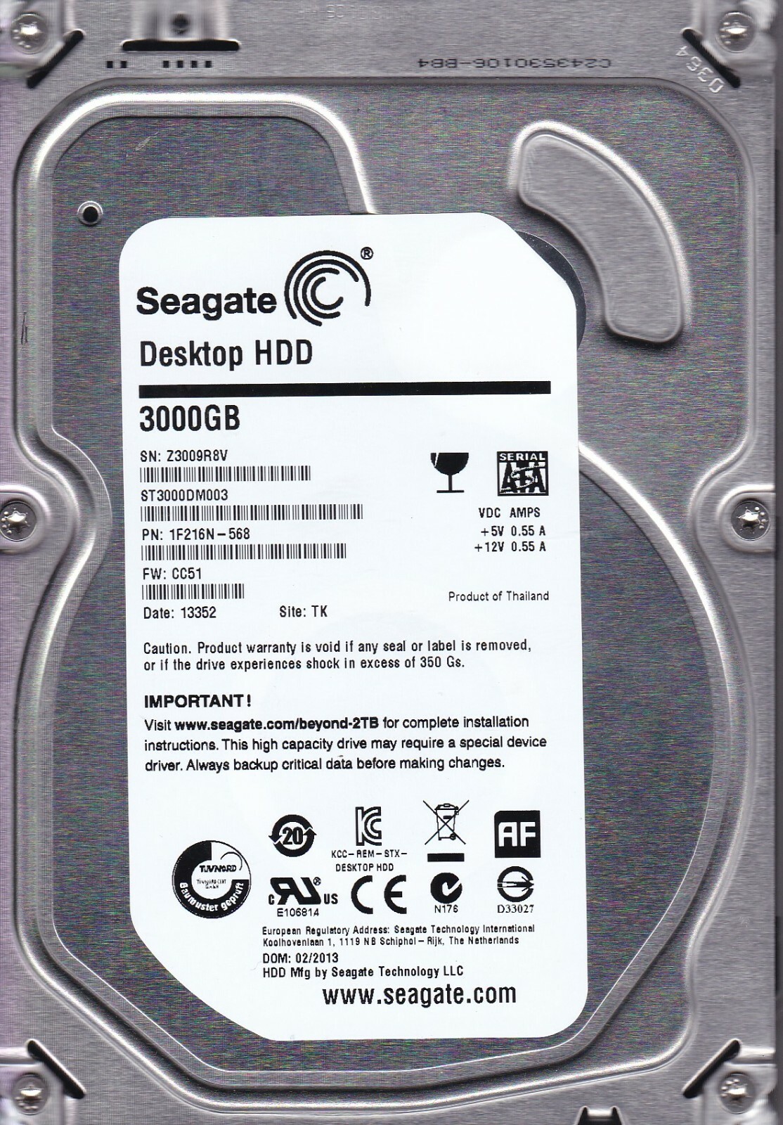 Seagate ST3000LM003 pn:1F216N-568 s/n:Z30 fw:CC51 TK 2013 3TB SATA 2.5 HDD 706