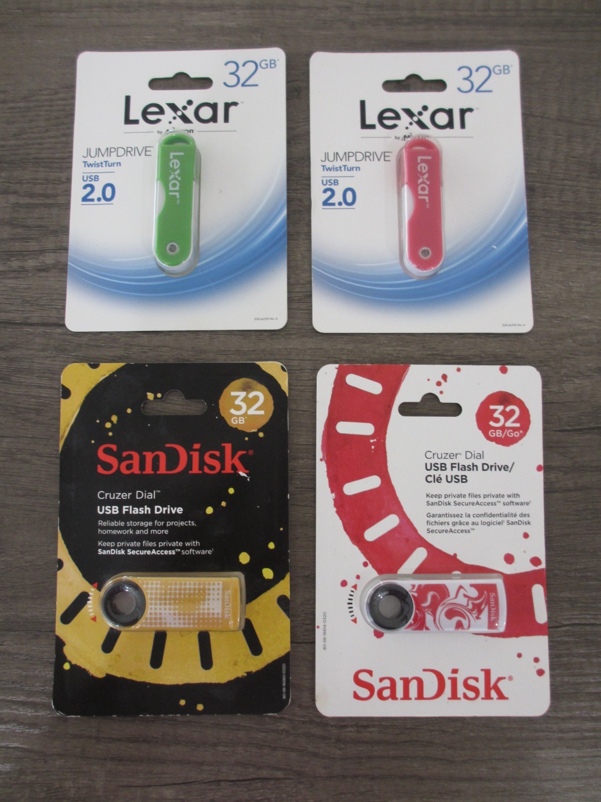 Lot of 4 USB Flash Drives 32GB Lexar SanDisk New Sealed JumpDrive Cruzer