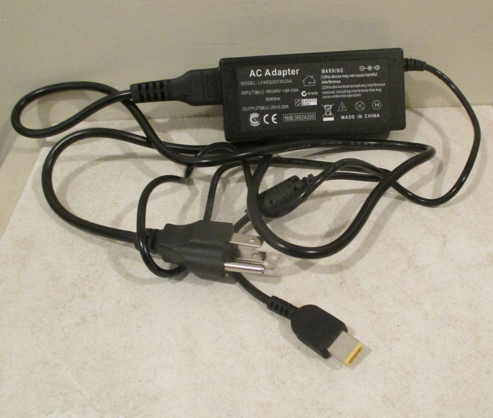 AC Power Adapter for Laptop – 20v 3.25A – Square Tip – Model #LYXSQ20V3025A