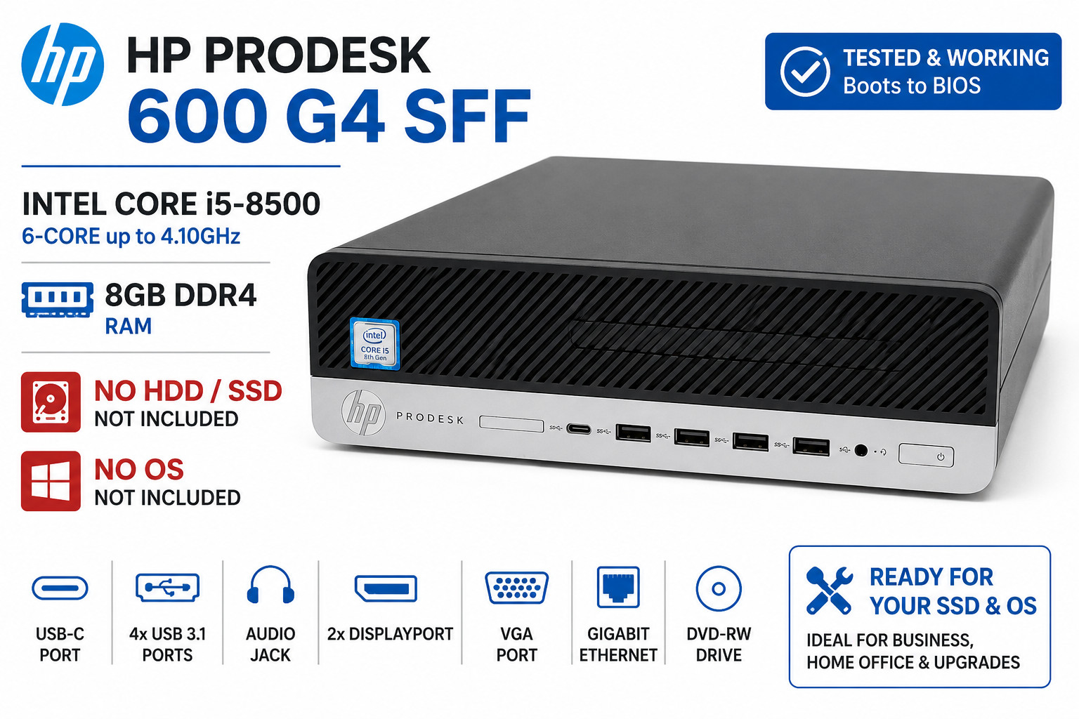 HP ProDesk 600 G4 SFF i5-8500 8GB DDR4 No HDD No OS Desktop PC Tested