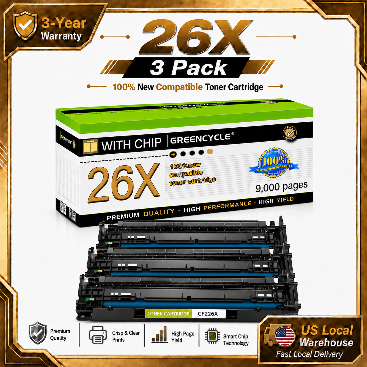 3 PK CF226X Toner Cartridge For HP 26X Fit For LaserJet Pro M402dne M402n M402dn