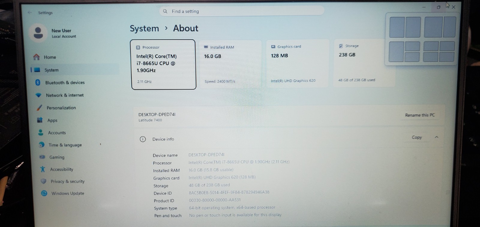 Dell Latitude 7400 Laptop Intel Core i7-8th Gen 16GB RAM 256GB SSD W11P 14″