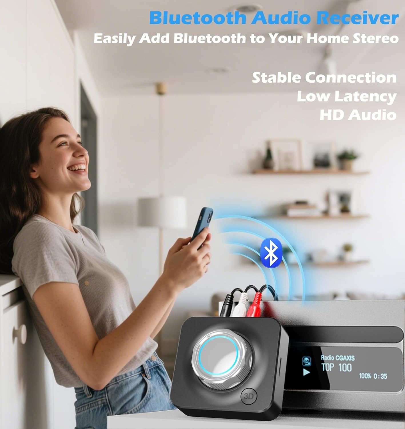 Bluetooth Receiver for Home Stereo RCA Adapter 3.5mm Wireless Audio Extender