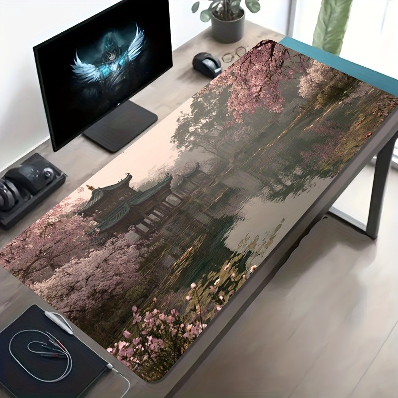 1 Large Gaming Mouse Pad with Traditional Chinese Garden Cherry Blossom Pond Ar