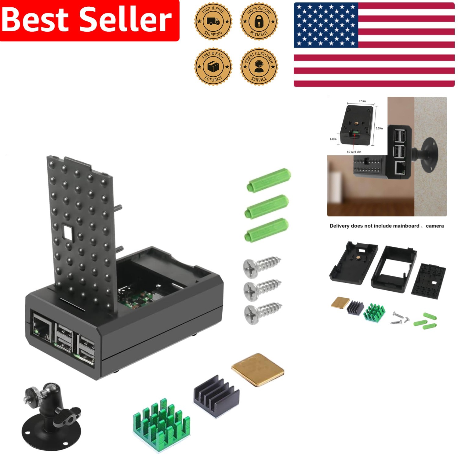 ABS Raspberry Pi 4B Case Kit: Heatsinks, Camera Slot, Holder – Black, RPI 2/3/4