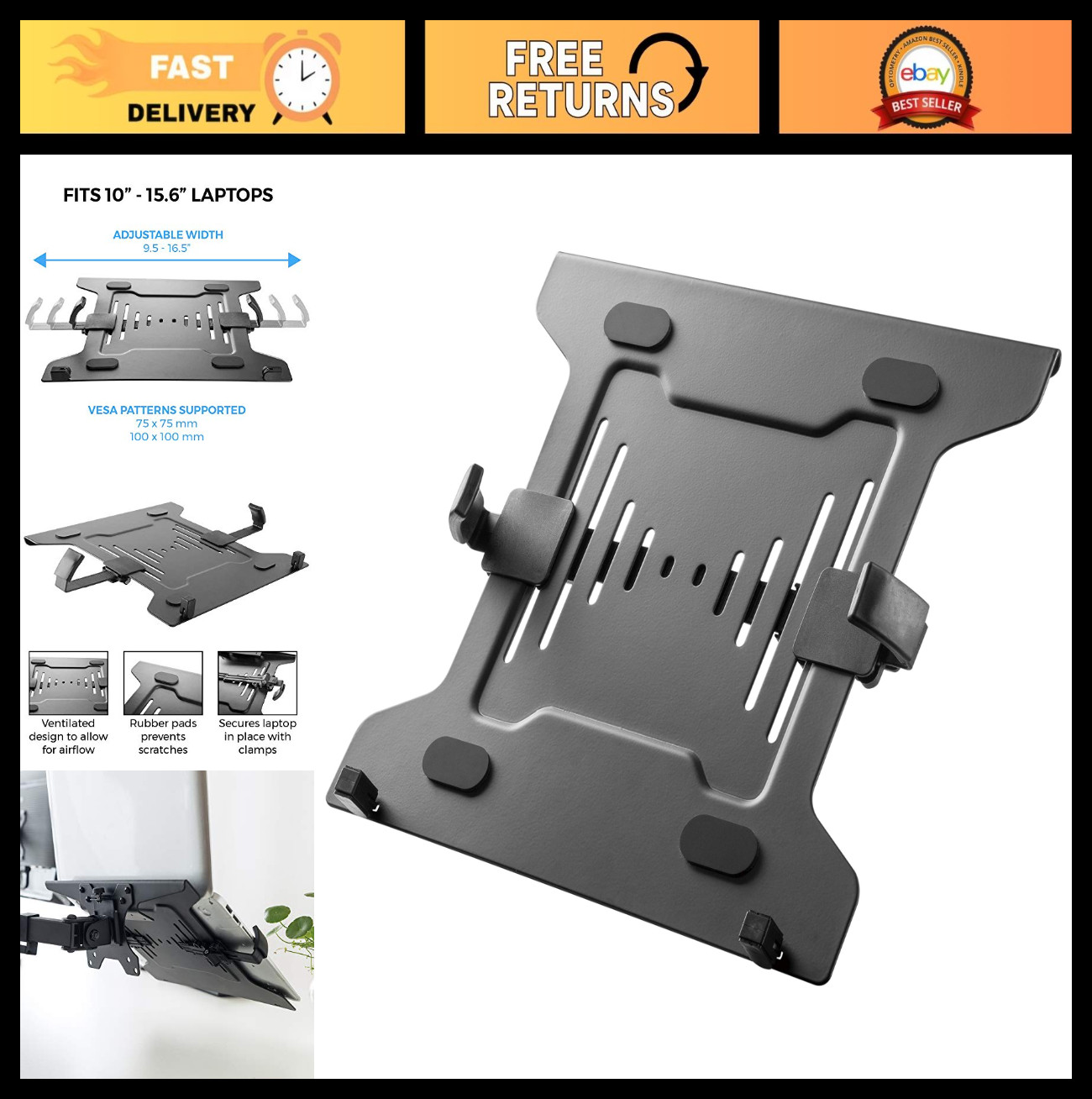 Adjustable Laptop VESA Mount Tray for Monitor Arms, Fits 75×75 & 100×100 mm, Sec