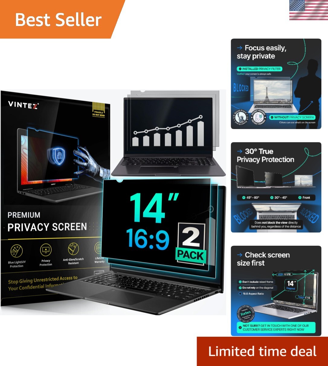 Professional Privacy Filter for 14 Inch Screens – 16:9 Aspect Ratio, Anti-Glare