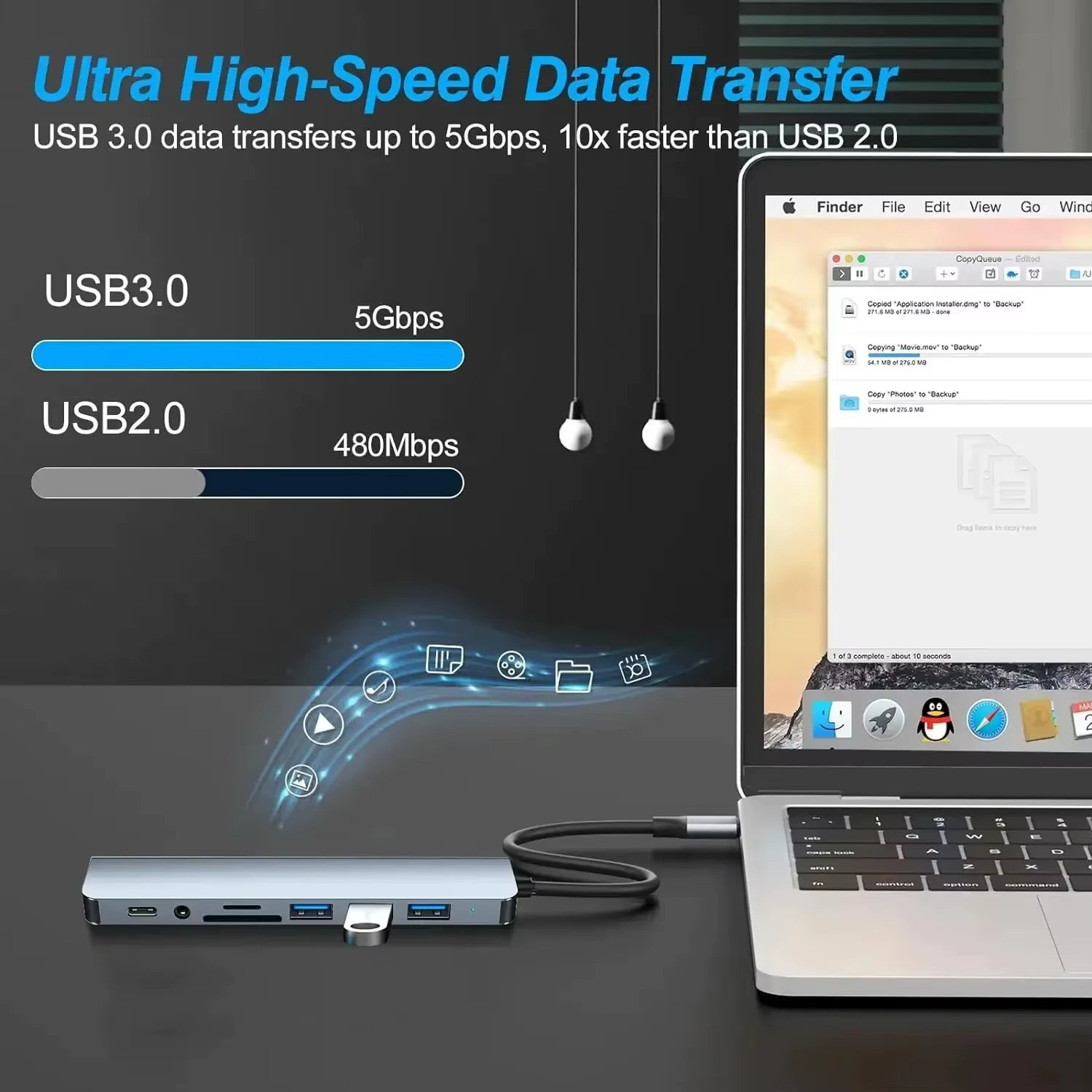 8-in-2 USB + Type C Hub Docking Station with Audio Jack & SD Card Reader Adapter