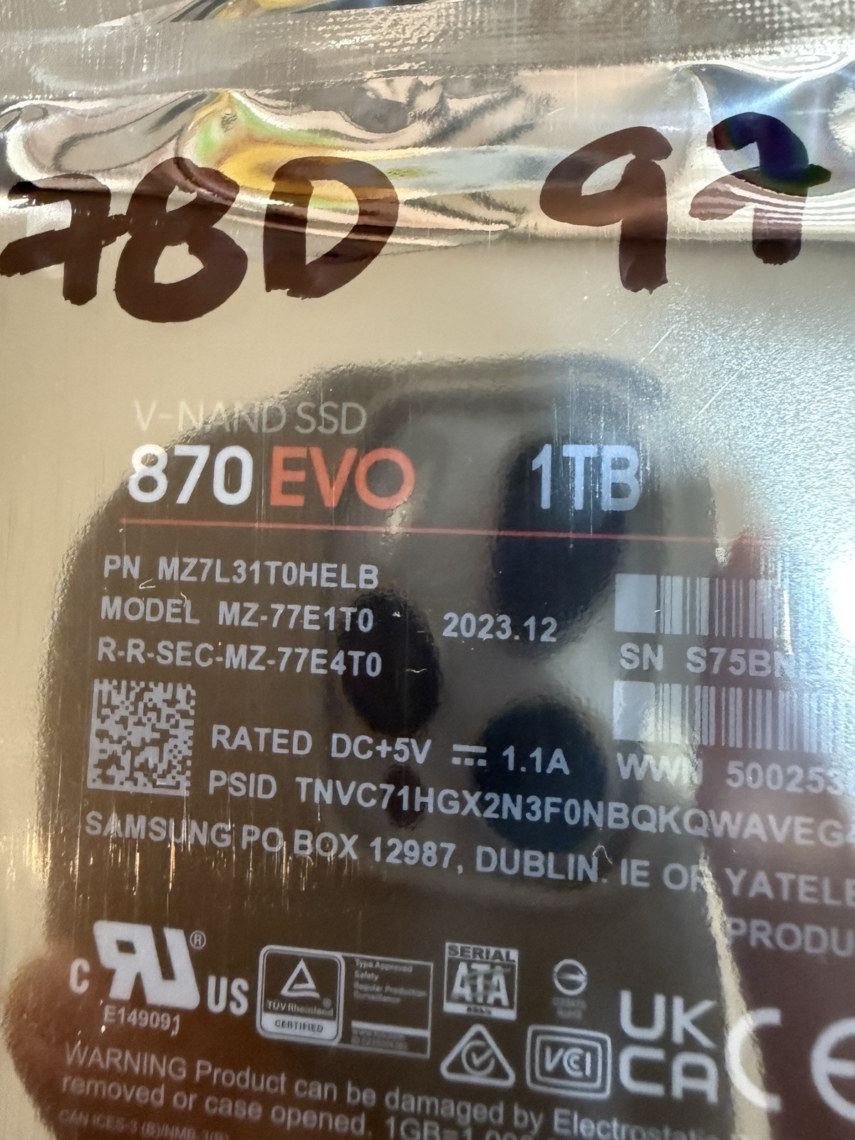 S18 Samsung 870 EVO 1TB 2.5 inch SSD ‎MZ-77E1T0B/AM tested 96-98% health