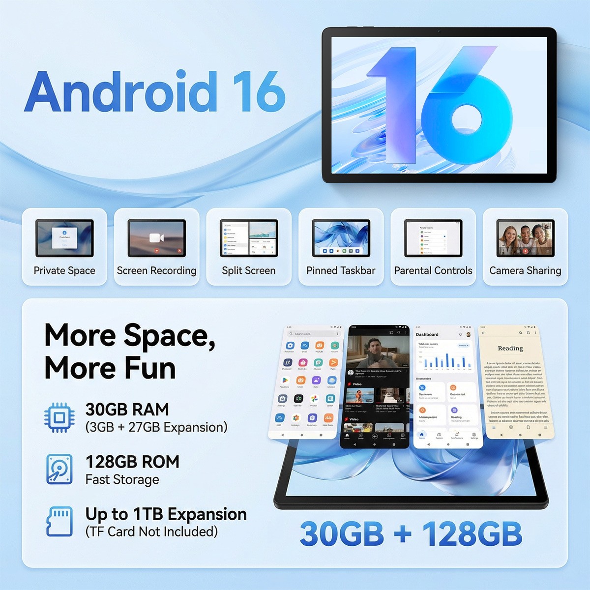 AEEZO 11 inch WIFI Tablet Android 16 IPS Full HD 30GB/32GB + 128GB/256GB LED