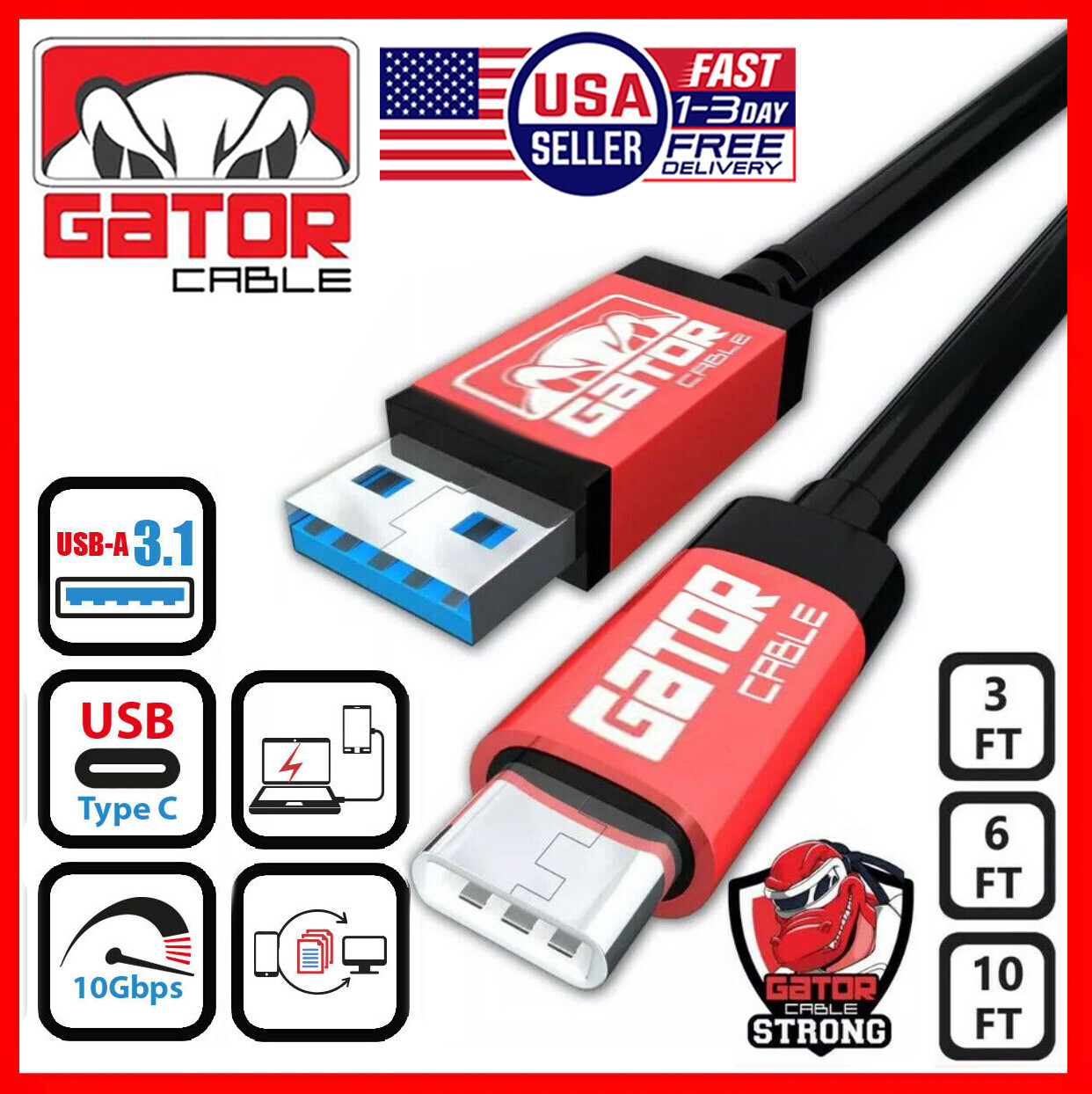 USB-C To USB-A 3.1 Phone Fast Charger Cable Data Sync Type C Cord Universal