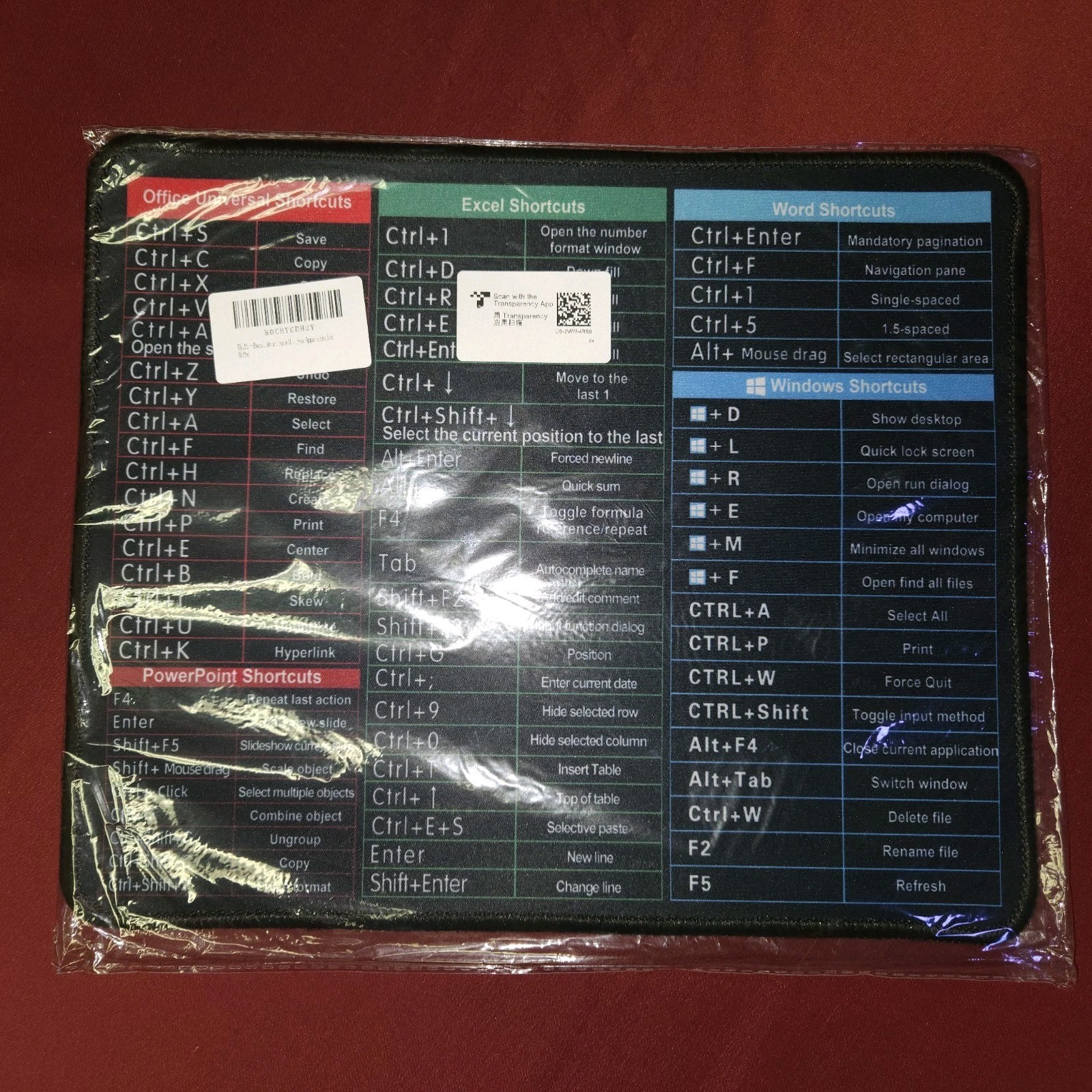 Office/PowerPoint/Excel/Word/Windows Shortcuts – Mouse Pad – 11.9″x10x1/8″ NIP