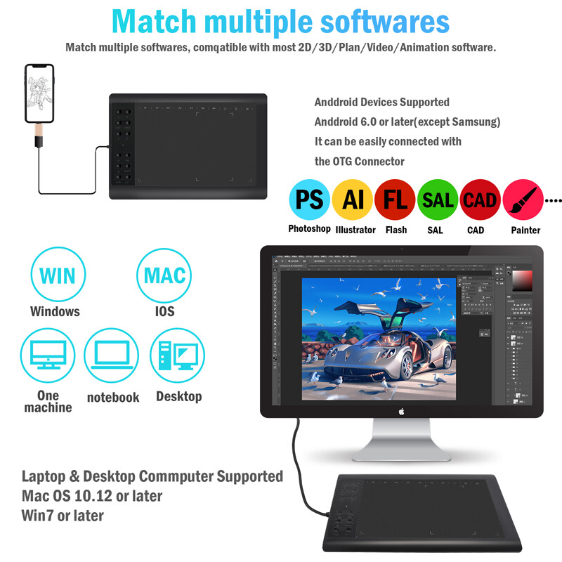 Digital Graphic Drawing Tablet with Screen Pen Display 10×6 inches Kids Gifts