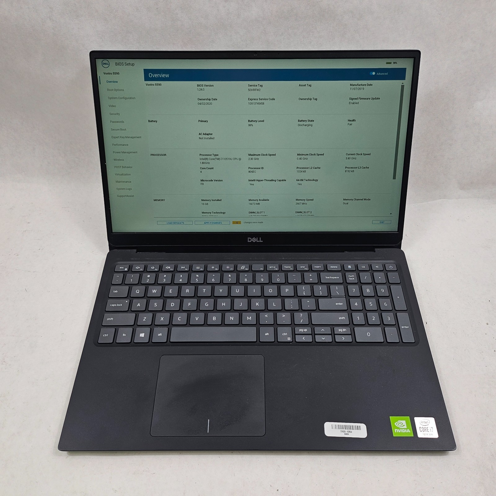 Dell Vostro 5590 15.6″ Core i7-10510U 1.8GHz 16GB RAM No SSD GeForce MX250 *Read