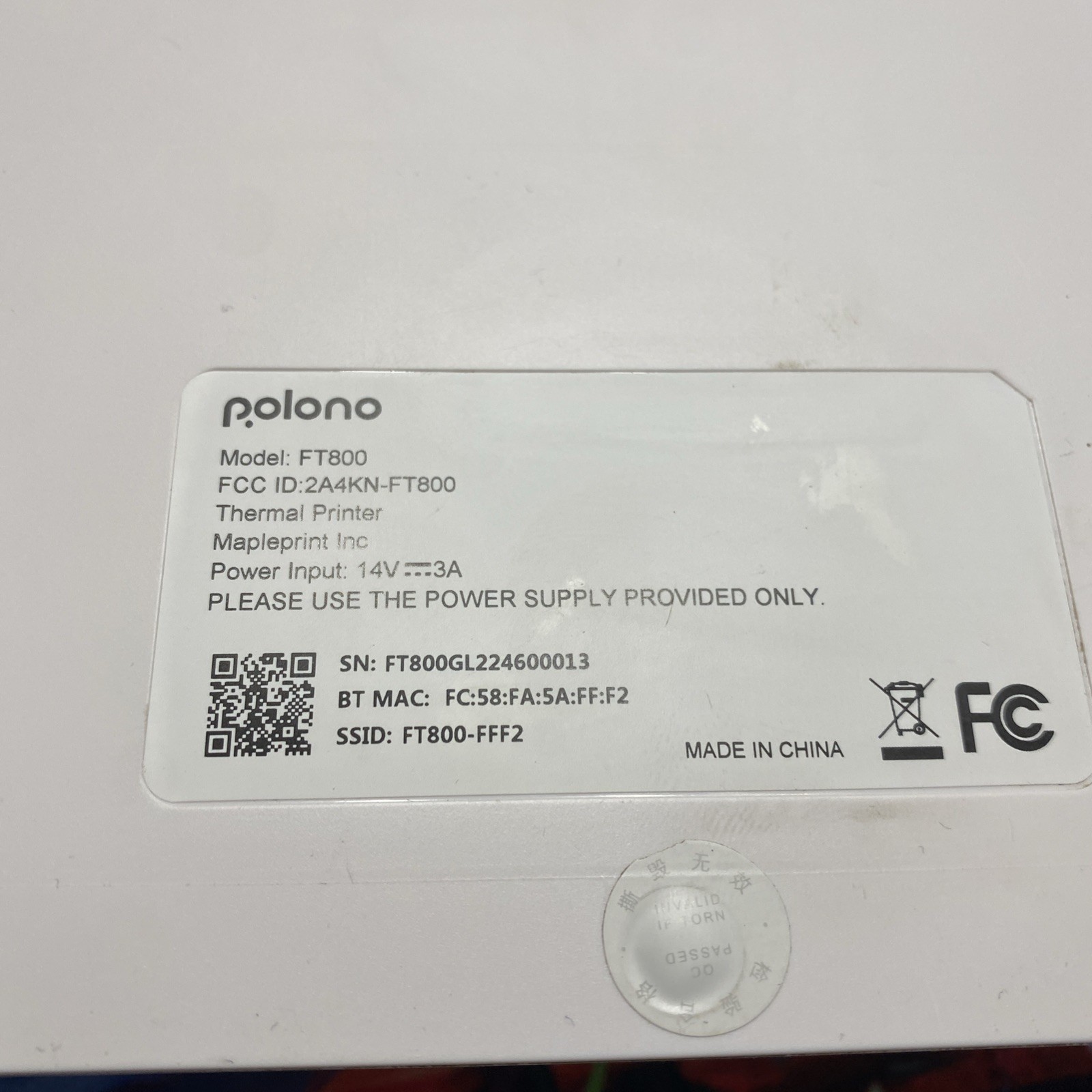 POLONO Black & White Thermal Printer WiFi Wireless FT800 8.5×11″ NO POWER CORD