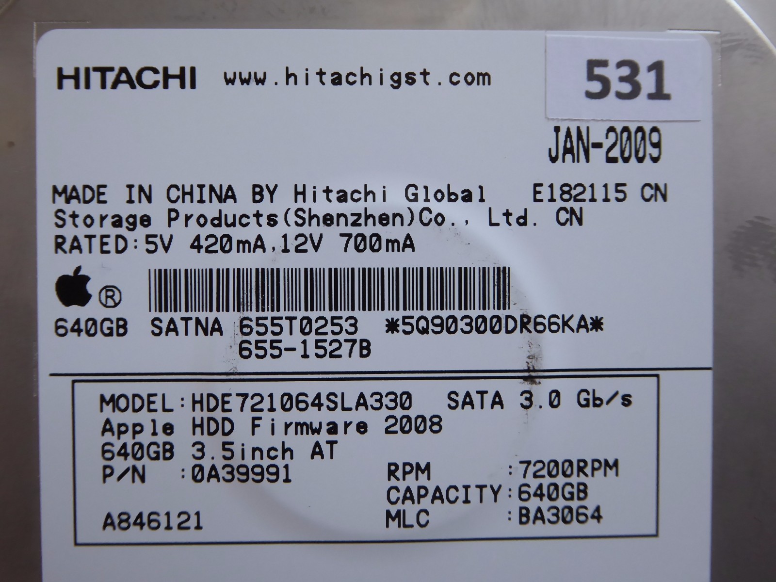 640GB Hitachi HDE721064SLA330 | PN: 0A39991 | MLC: BA3064 | JAN-2009 #531