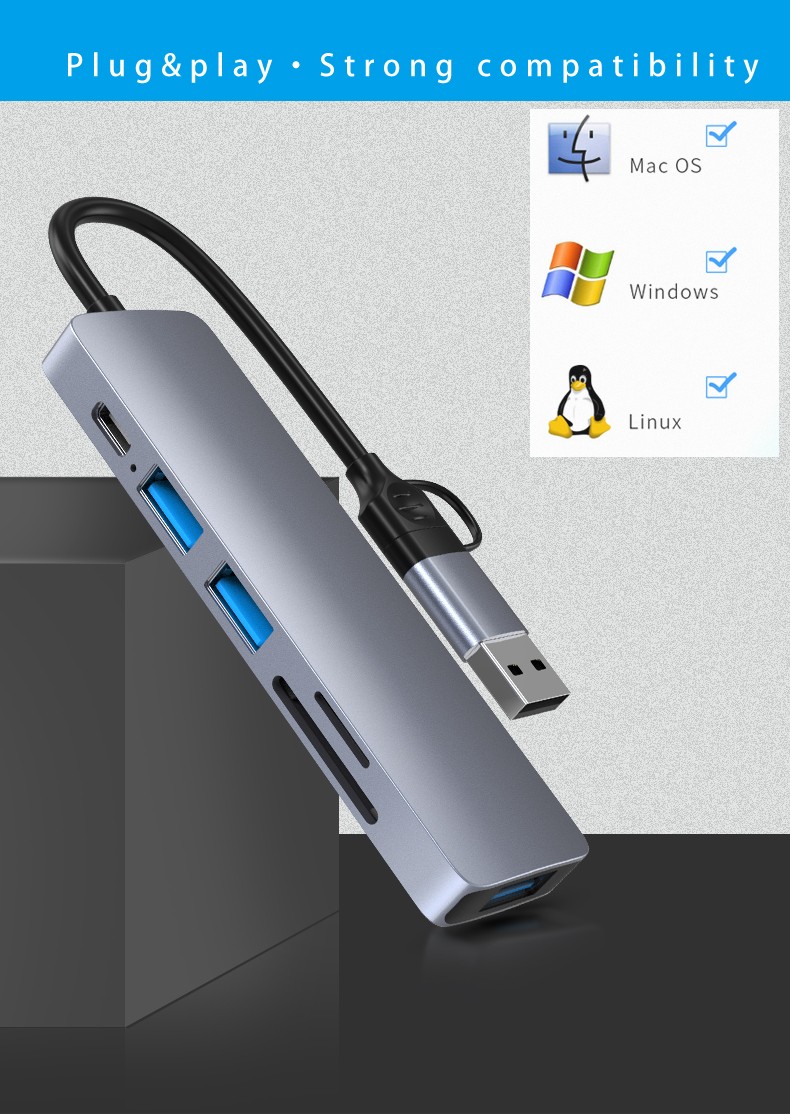 5 in 1 Multiport USB-C Hub Type C To USB 3.0 Audio TF/SD Card Reader 3.0 Ports