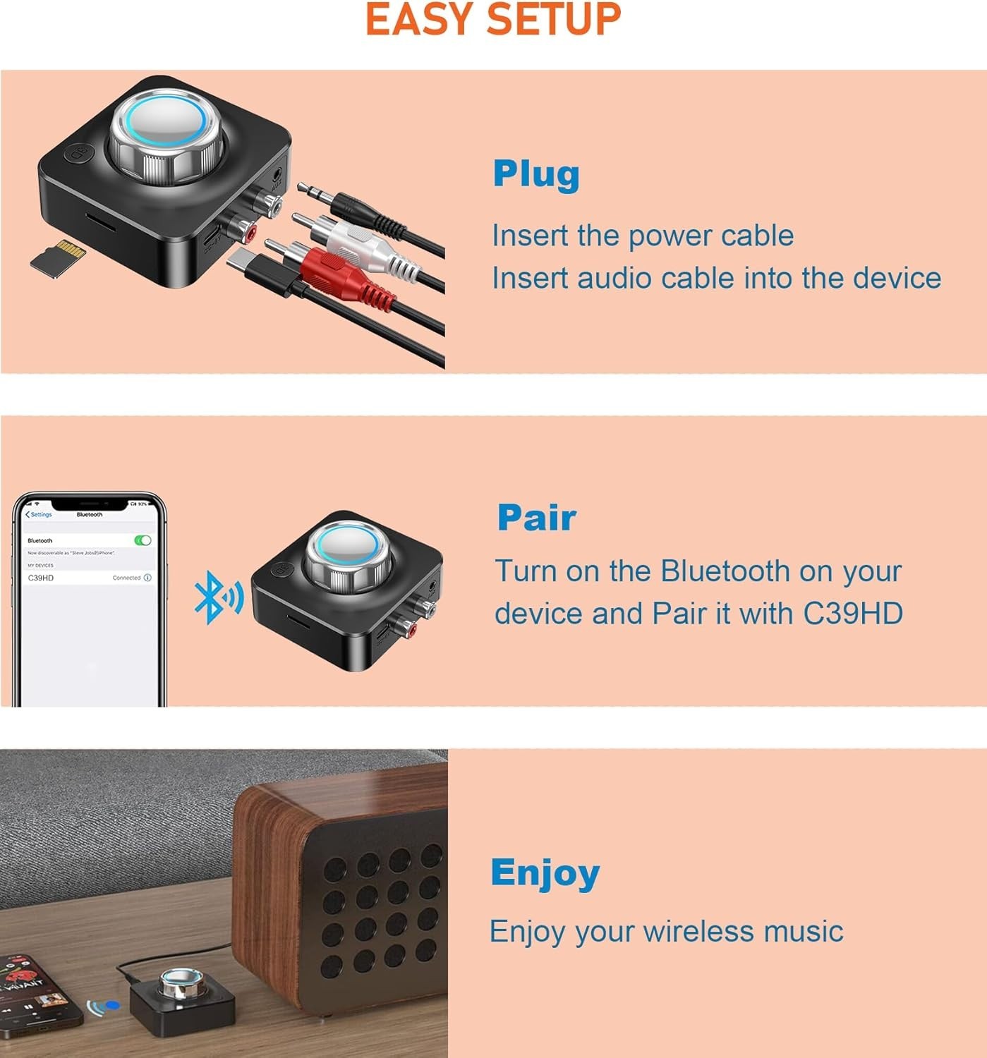 Bluetooth Receiver for Home Stereo RCA Adapter 3.5mm Wireless Audio Extender